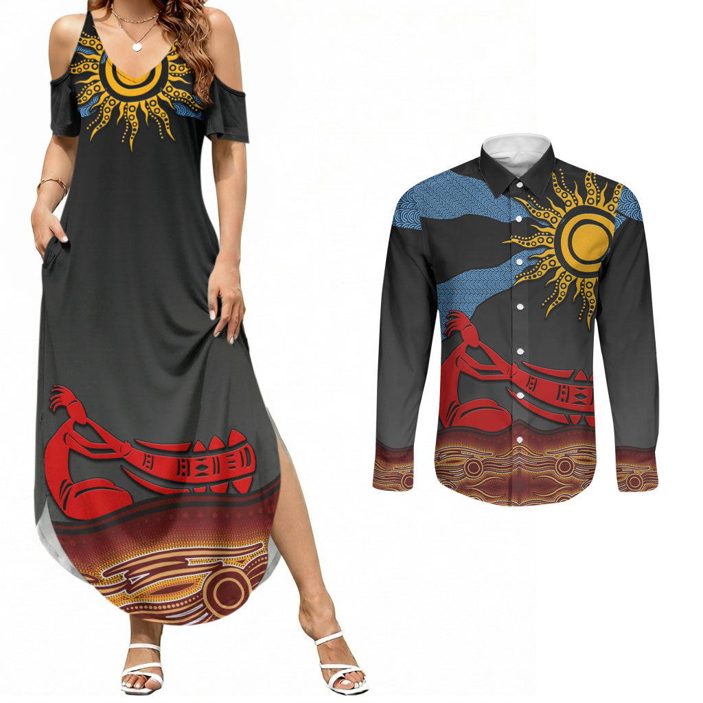 Didgeridoo Couples Matching Summer Maxi Dress and Long Sleeve Button Shirt Australian Aboriginal Sun Motif Indigenous Art