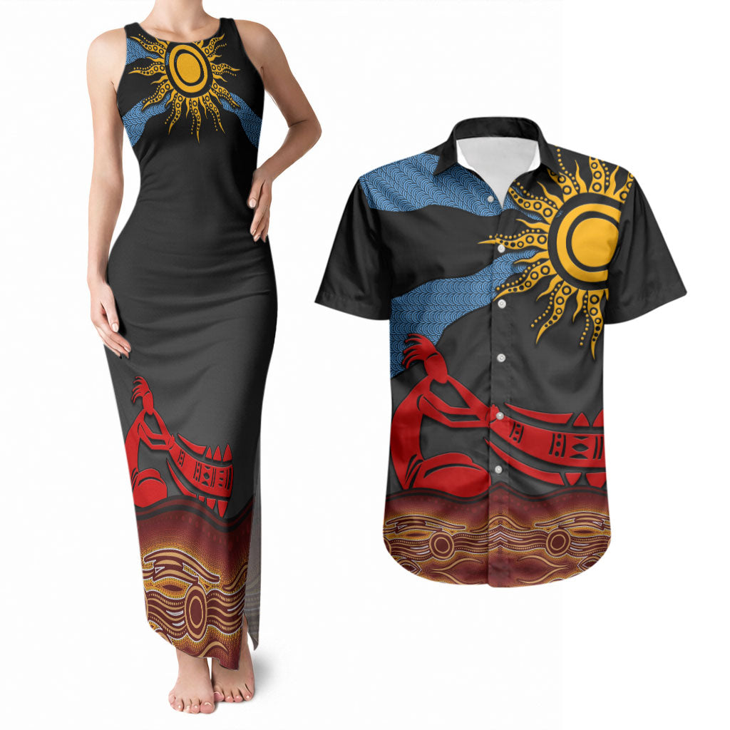Didgeridoo Couples Matching Tank Maxi Dress and Hawaiian Shirt Australian Aboriginal Sun Motif Indigenous Art