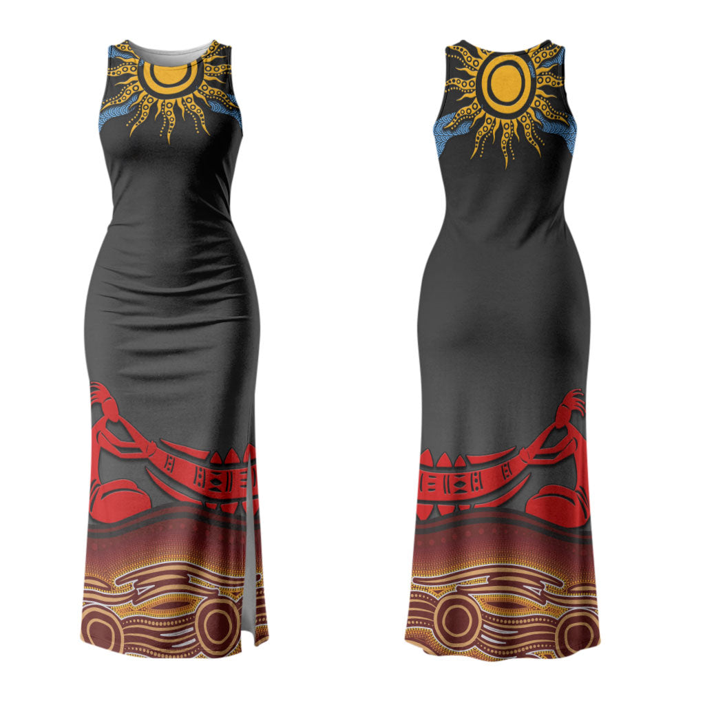 Didgeridoo Couples Matching Tank Maxi Dress and Hawaiian Shirt Australian Aboriginal Sun Motif Indigenous Art
