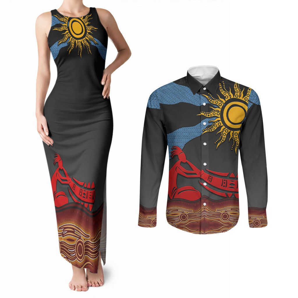Didgeridoo Couples Matching Tank Maxi Dress and Long Sleeve Button Shirt Australian Aboriginal Sun Motif Indigenous Art