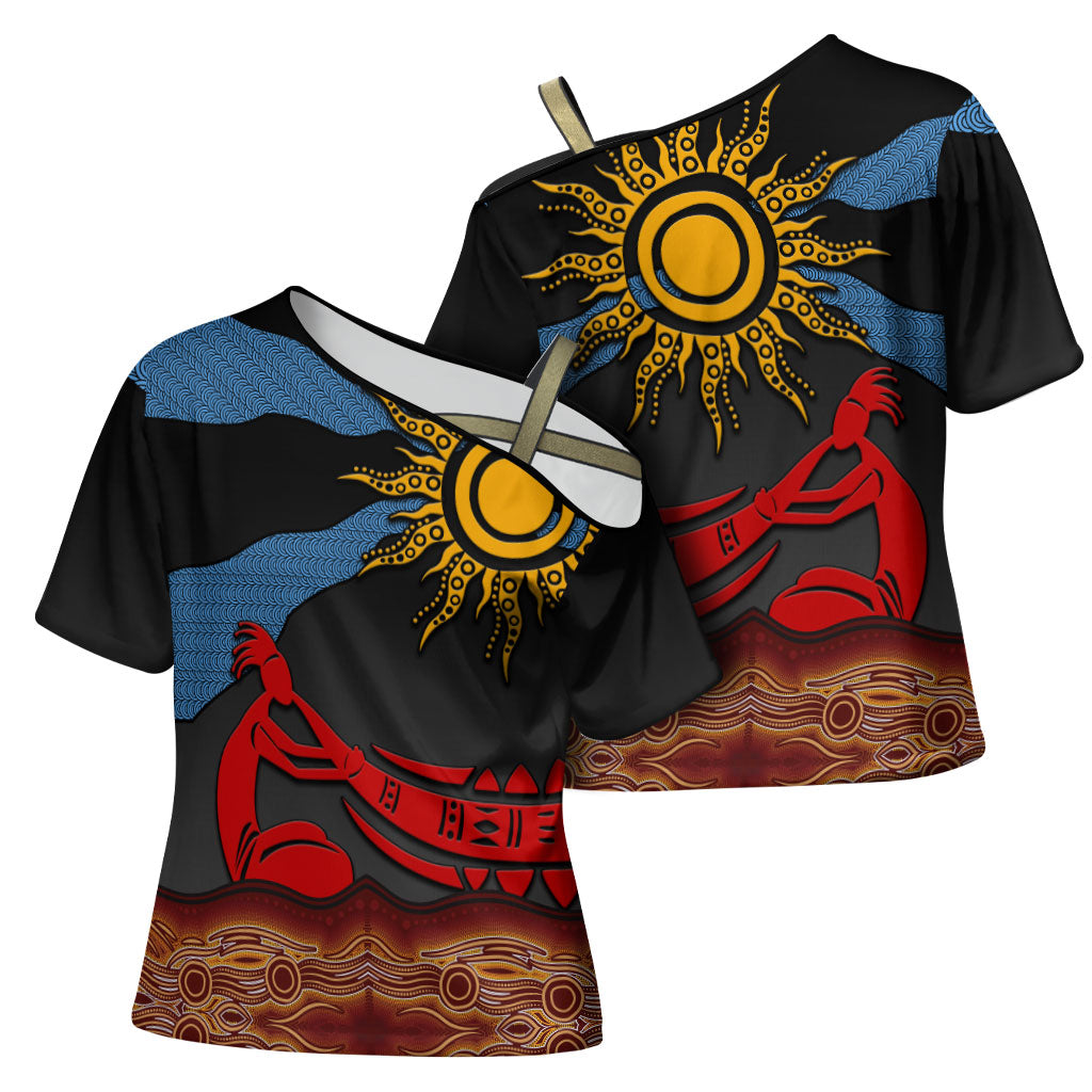 Didgeridoo Cross Shoulder Shirt Australian Aboriginal Sun Motif Indigenous Art
