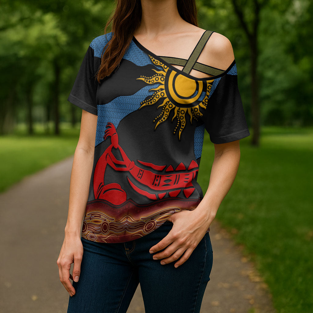 Didgeridoo Cross Shoulder Shirt Australian Aboriginal Sun Motif Indigenous Art