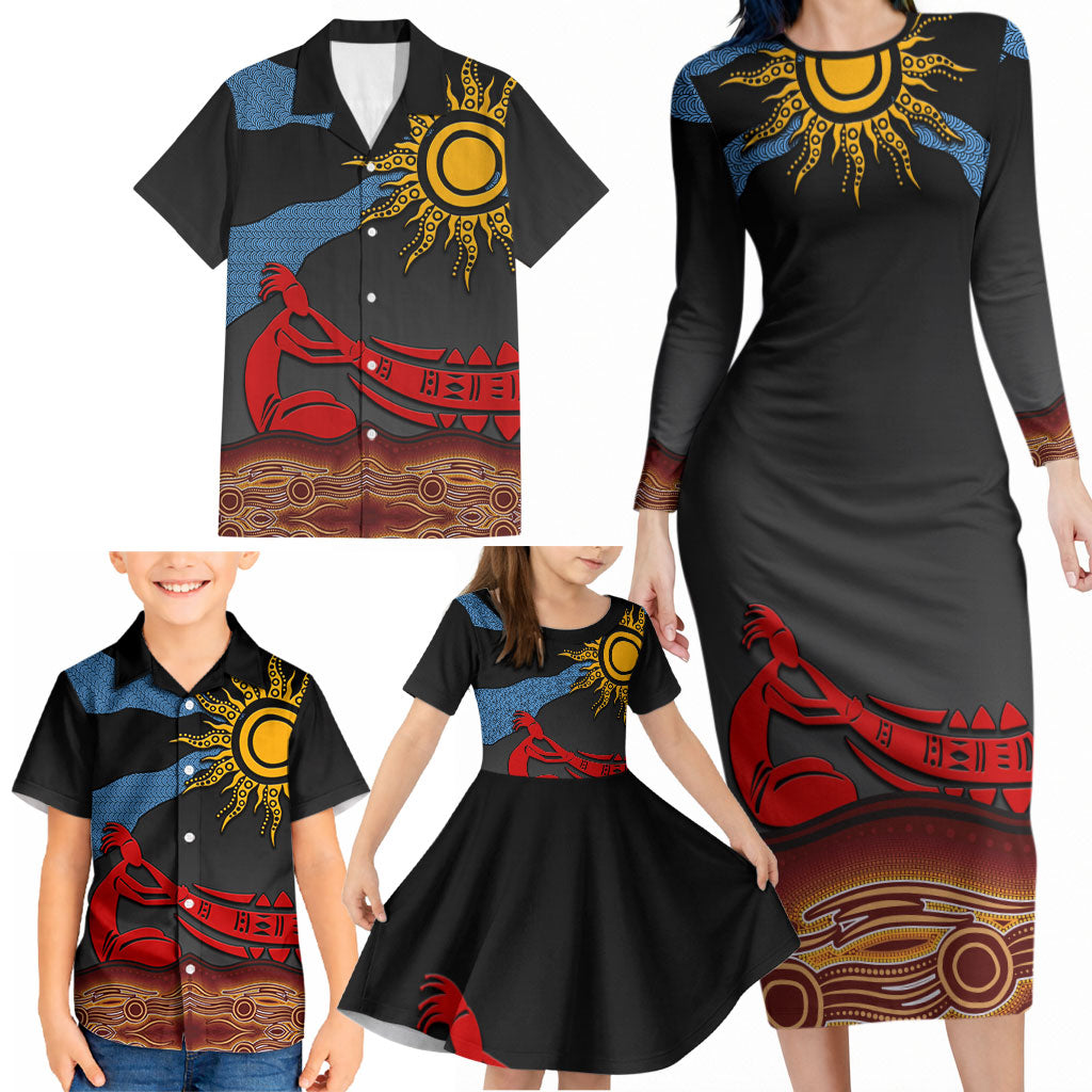 Didgeridoo Family Matching Long Sleeve Bodycon Dress and Hawaiian Shirt Australian Aboriginal Sun Motif Indigenous Art