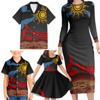Didgeridoo Family Matching Long Sleeve Bodycon Dress and Hawaiian Shirt Australian Aboriginal Sun Motif Indigenous Art