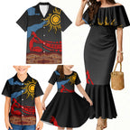 Didgeridoo Family Matching Mermaid Dress and Hawaiian Shirt Australian Aboriginal Sun Motif Indigenous Art