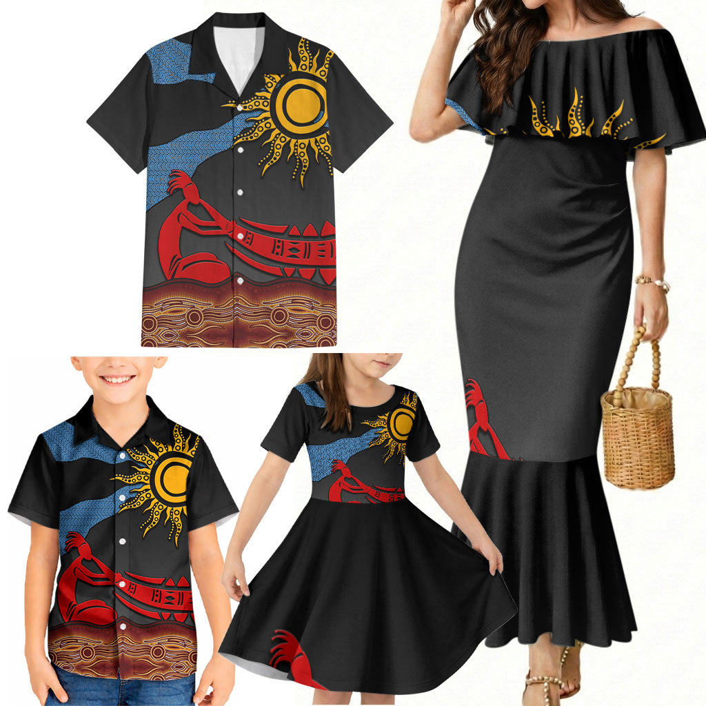 Didgeridoo Family Matching Mermaid Dress and Hawaiian Shirt Australian Aboriginal Sun Motif Indigenous Art
