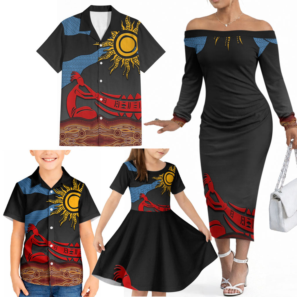 Didgeridoo Family Matching Off The Shoulder Long Sleeve Dress and Hawaiian Shirt Australian Aboriginal Sun Motif Indigenous Art