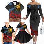 Didgeridoo Family Matching Off The Shoulder Long Sleeve Dress and Hawaiian Shirt Australian Aboriginal Sun Motif Indigenous Art