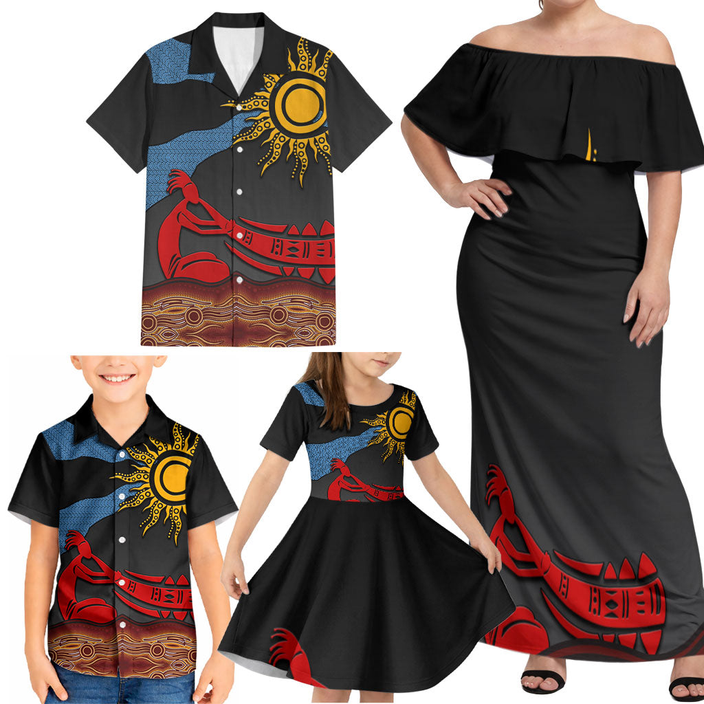 Didgeridoo Family Matching Off Shoulder Maxi Dress and Hawaiian Shirt Australian Aboriginal Sun Motif Indigenous Art