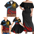 Didgeridoo Family Matching Off Shoulder Maxi Dress and Hawaiian Shirt Australian Aboriginal Sun Motif Indigenous Art