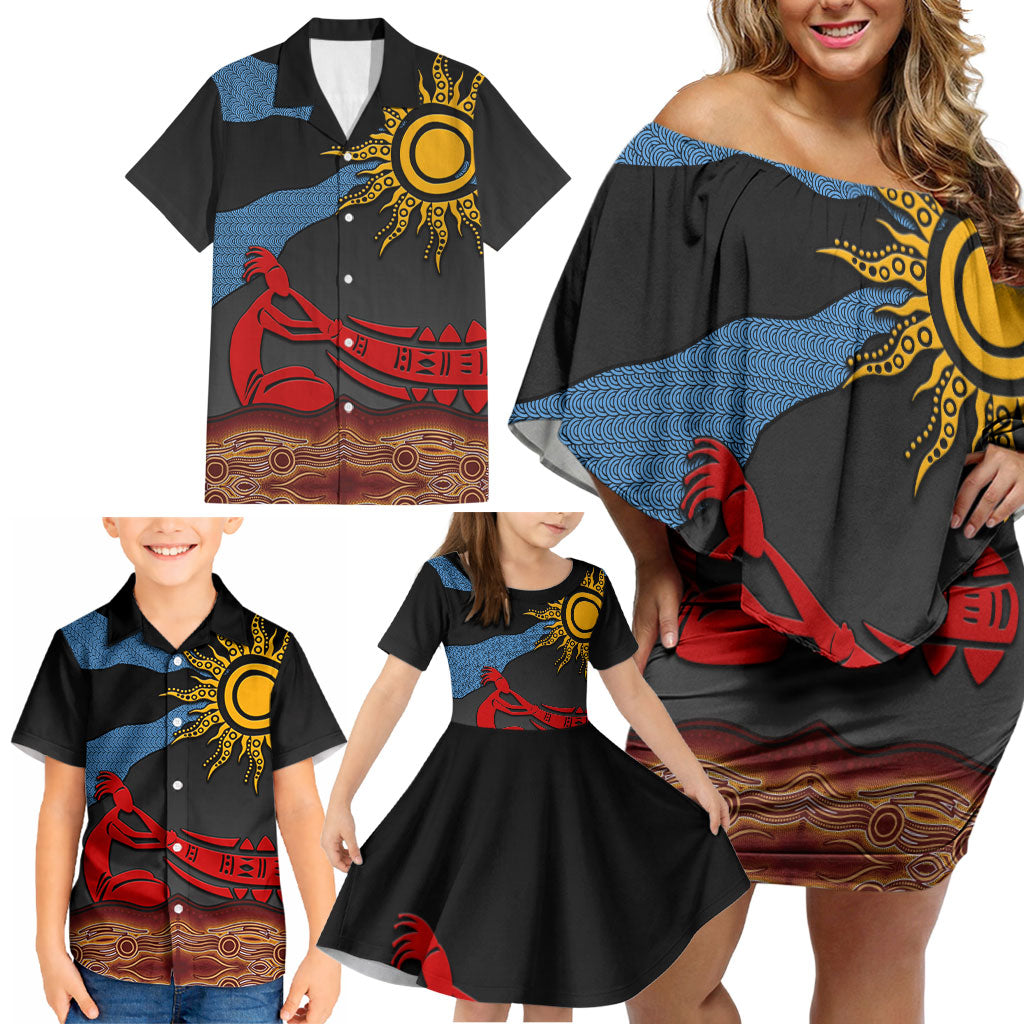 Didgeridoo Family Matching Off Shoulder Short Dress and Hawaiian Shirt Australian Aboriginal Sun Motif Indigenous Art