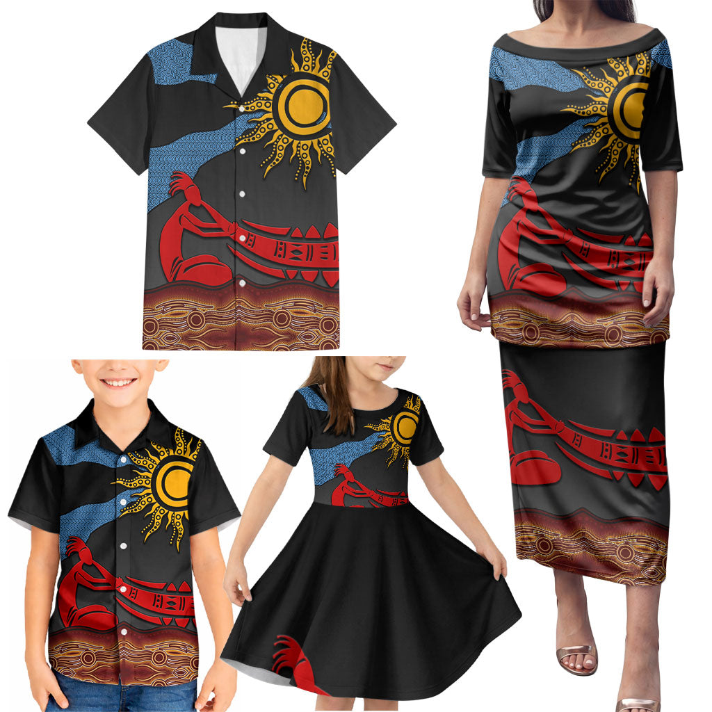 Didgeridoo Family Matching Puletasi and Hawaiian Shirt Australian Aboriginal Sun Motif Indigenous Art