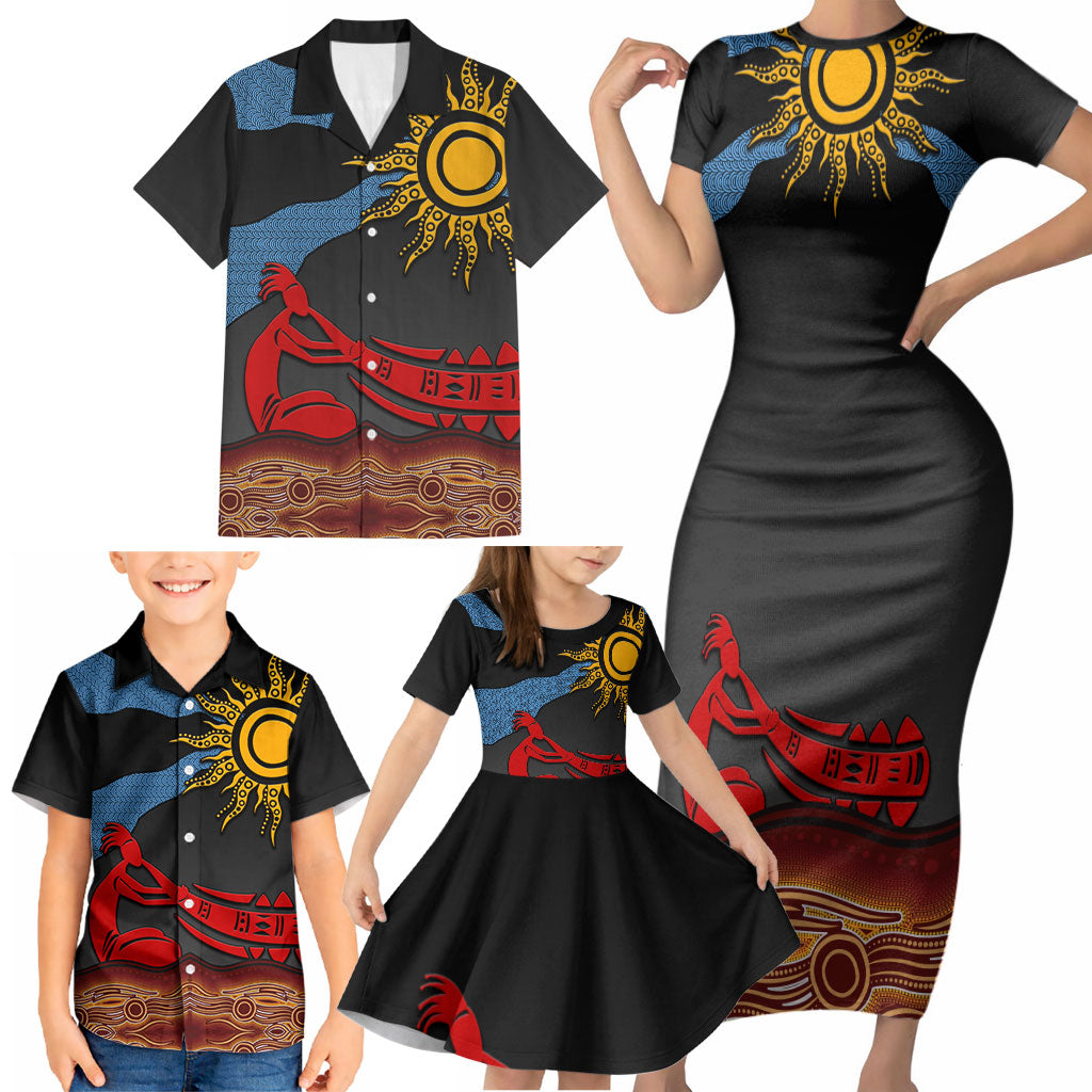 Didgeridoo Family Matching Short Sleeve Bodycon Dress and Hawaiian Shirt Australian Aboriginal Sun Motif Indigenous Art