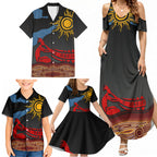 Didgeridoo Family Matching Summer Maxi Dress and Hawaiian Shirt Australian Aboriginal Sun Motif Indigenous Art