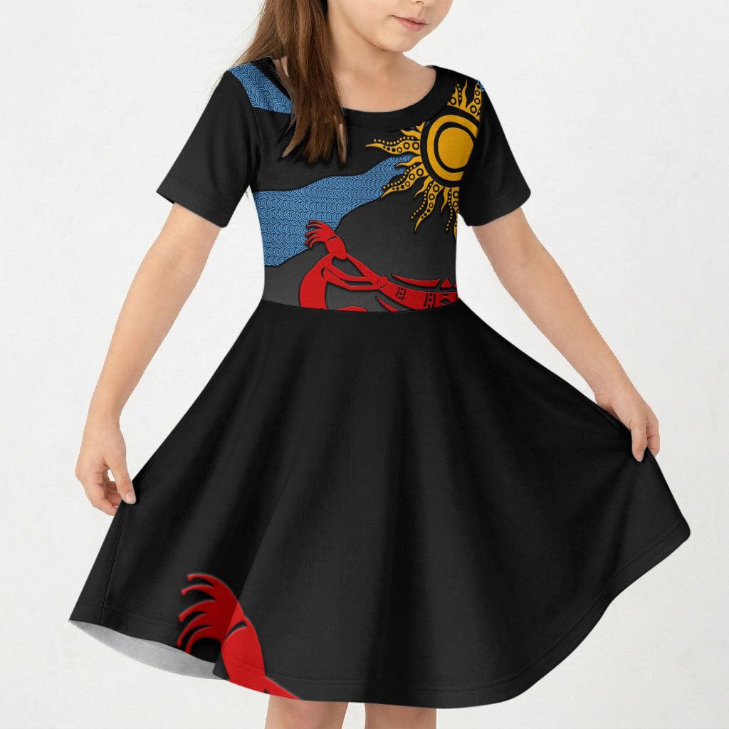 Didgeridoo Kid Short Sleeve Dress Australian Aboriginal Sun Motif Indigenous Art