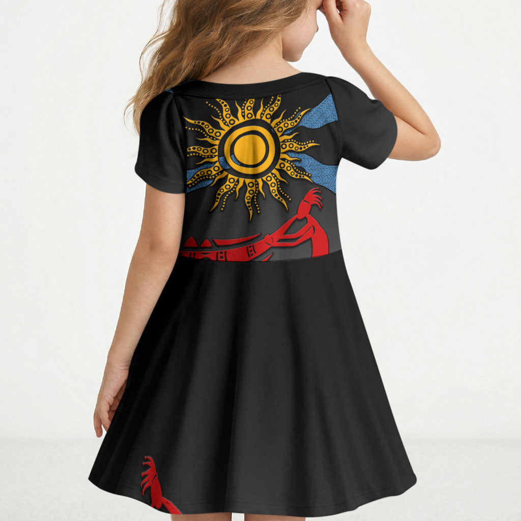 Didgeridoo Kid Short Sleeve Dress Australian Aboriginal Sun Motif Indigenous Art
