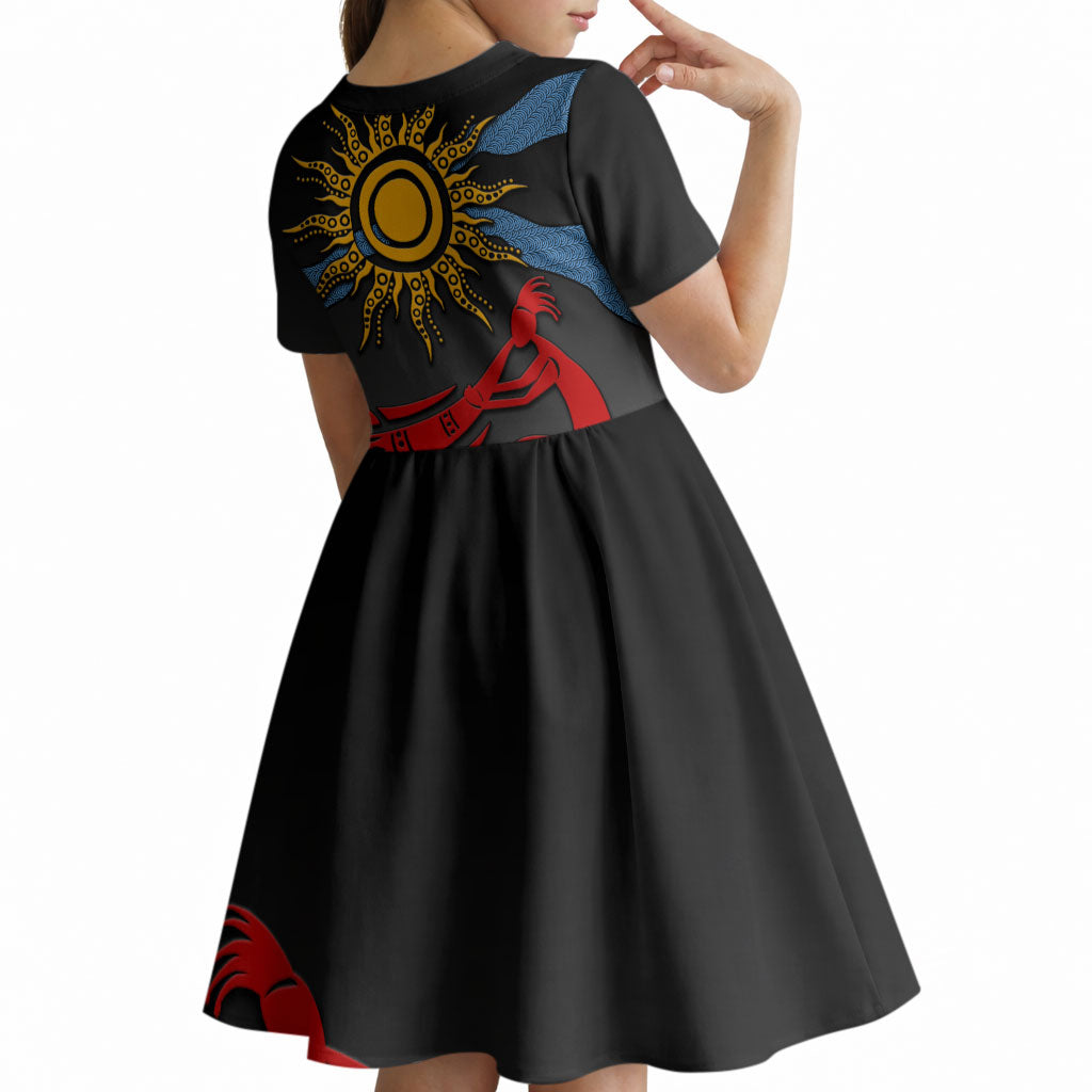 Didgeridoo Kid Short Sleeve Dress Australian Aboriginal Sun Motif Indigenous Art