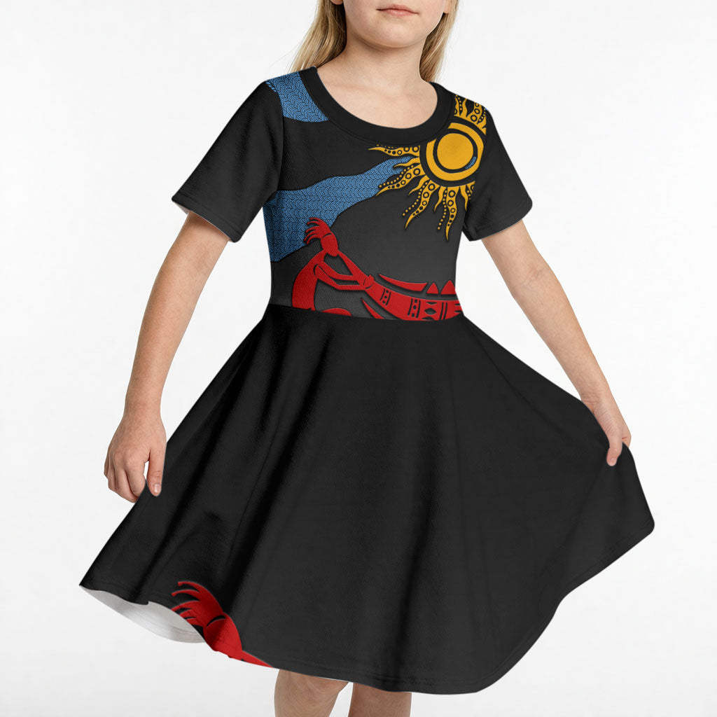 Didgeridoo Kid Short Sleeve Dress Australian Aboriginal Sun Motif Indigenous Art