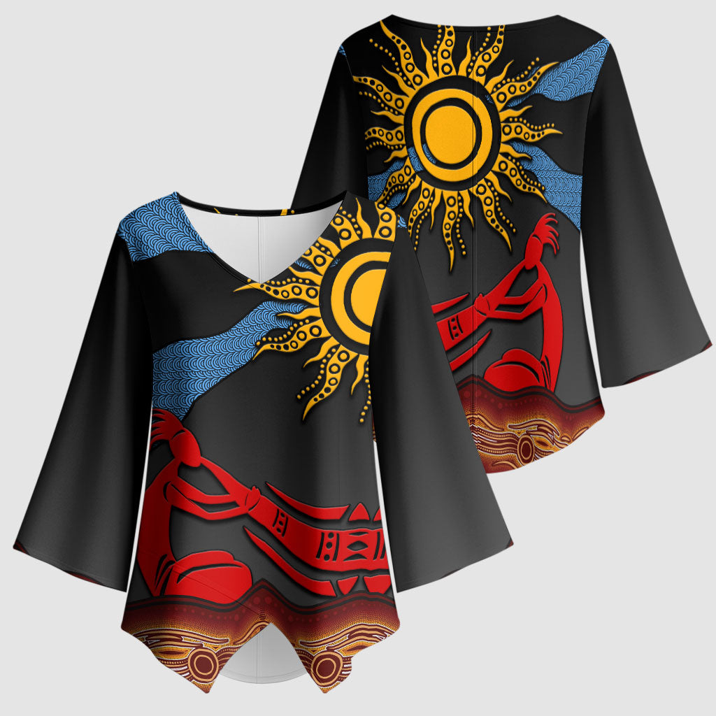 Didgeridoo Kimono Sleeve Blouse Australian Aboriginal Sun Motif Indigenous Art