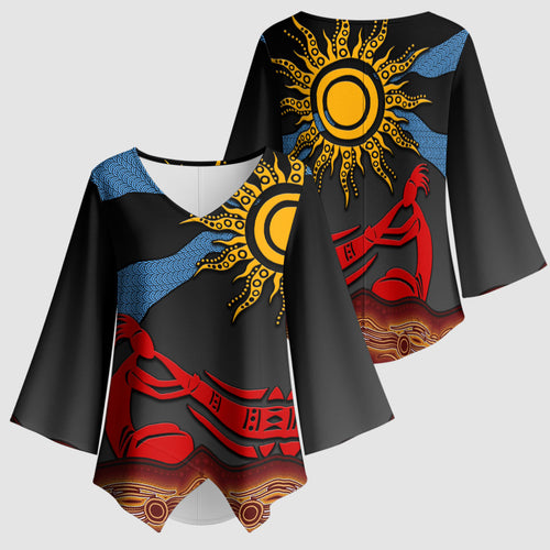 Didgeridoo Kimono Sleeve Blouse Australian Aboriginal Sun Motif Indigenous Art