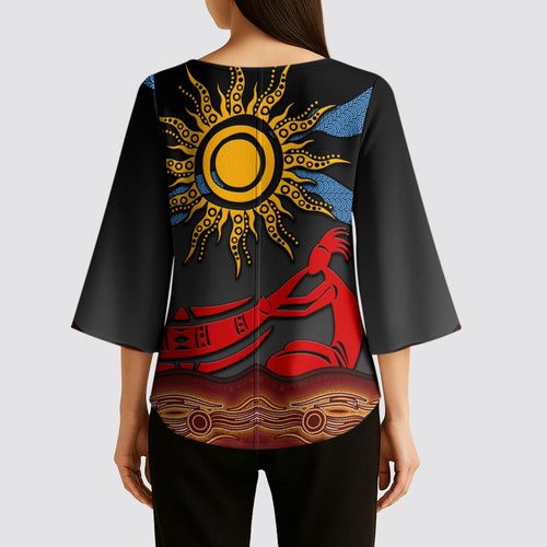 Didgeridoo Kimono Sleeve Blouse Australian Aboriginal Sun Motif Indigenous Art