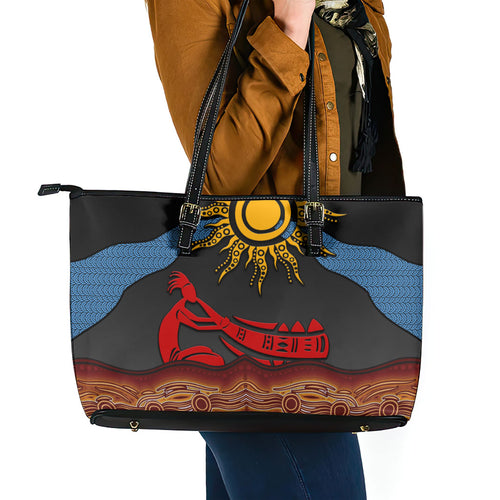 Didgeridoo Leather Tote Bag Australian Aboriginal Sun Motif Indigenous Art