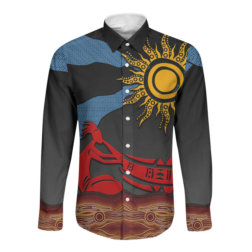 Didgeridoo Long Sleeve Button Shirt Australian Aboriginal Sun Motif Indigenous Art
