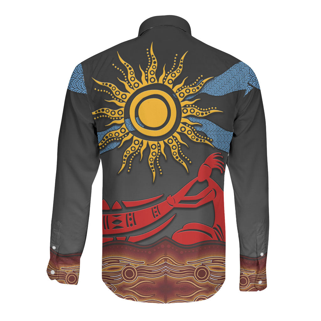 Didgeridoo Long Sleeve Button Shirt Australian Aboriginal Sun Motif Indigenous Art