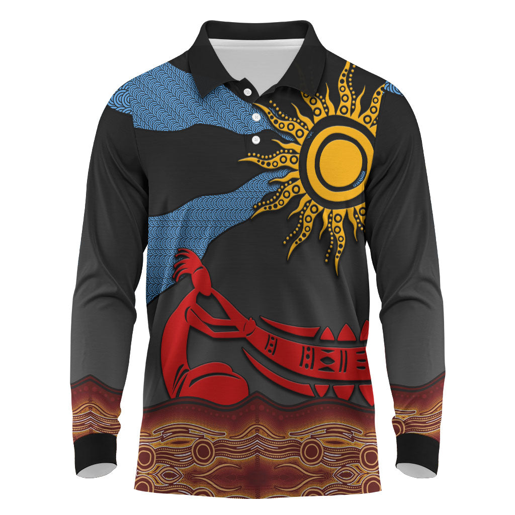Didgeridoo Long Sleeve Polo Shirt Australian Aboriginal Sun Motif Indigenous Art