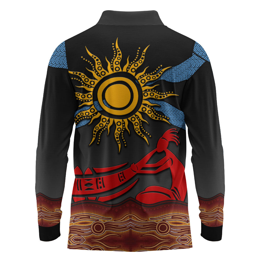 Didgeridoo Long Sleeve Polo Shirt Australian Aboriginal Sun Motif Indigenous Art