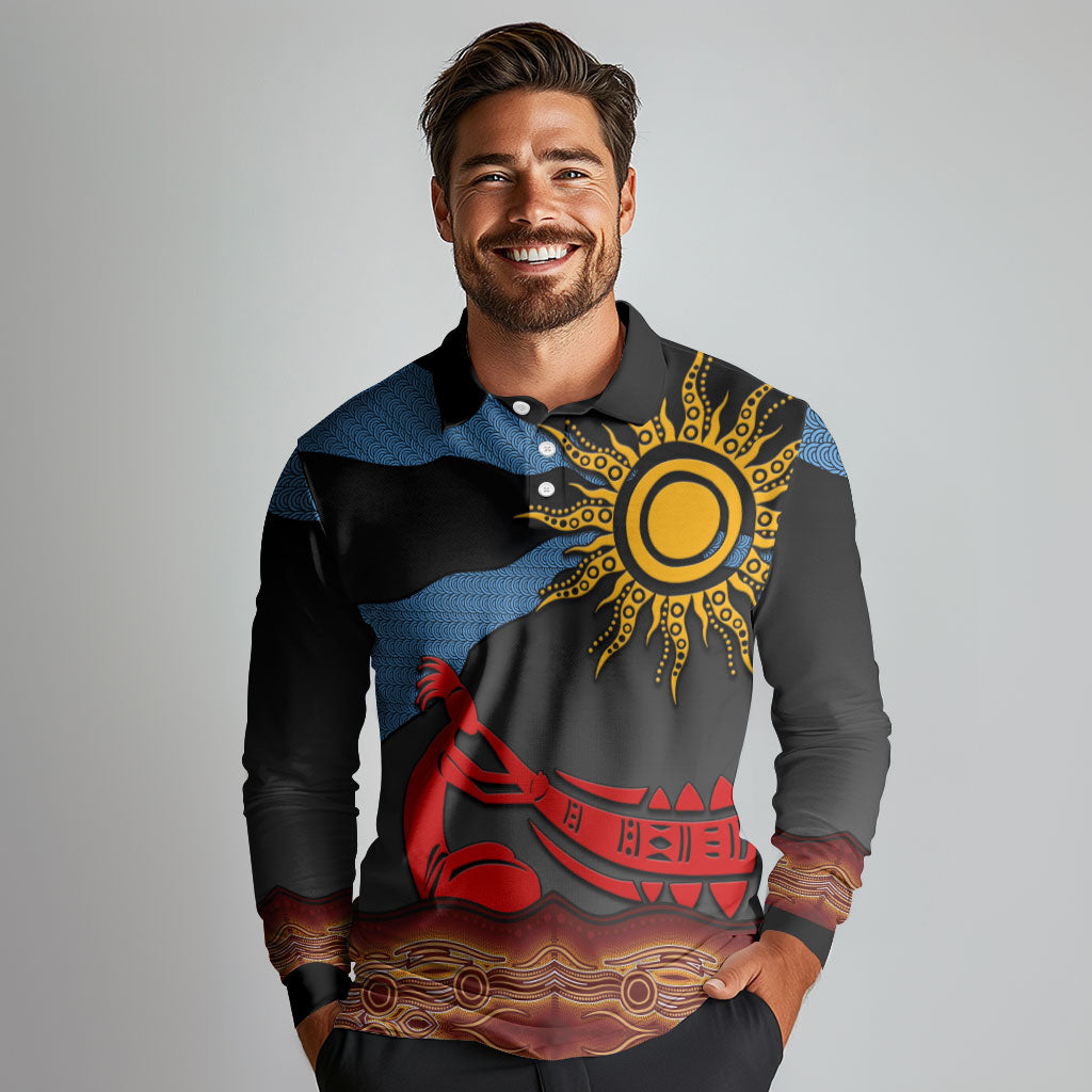 Didgeridoo Long Sleeve Polo Shirt Australian Aboriginal Sun Motif Indigenous Art