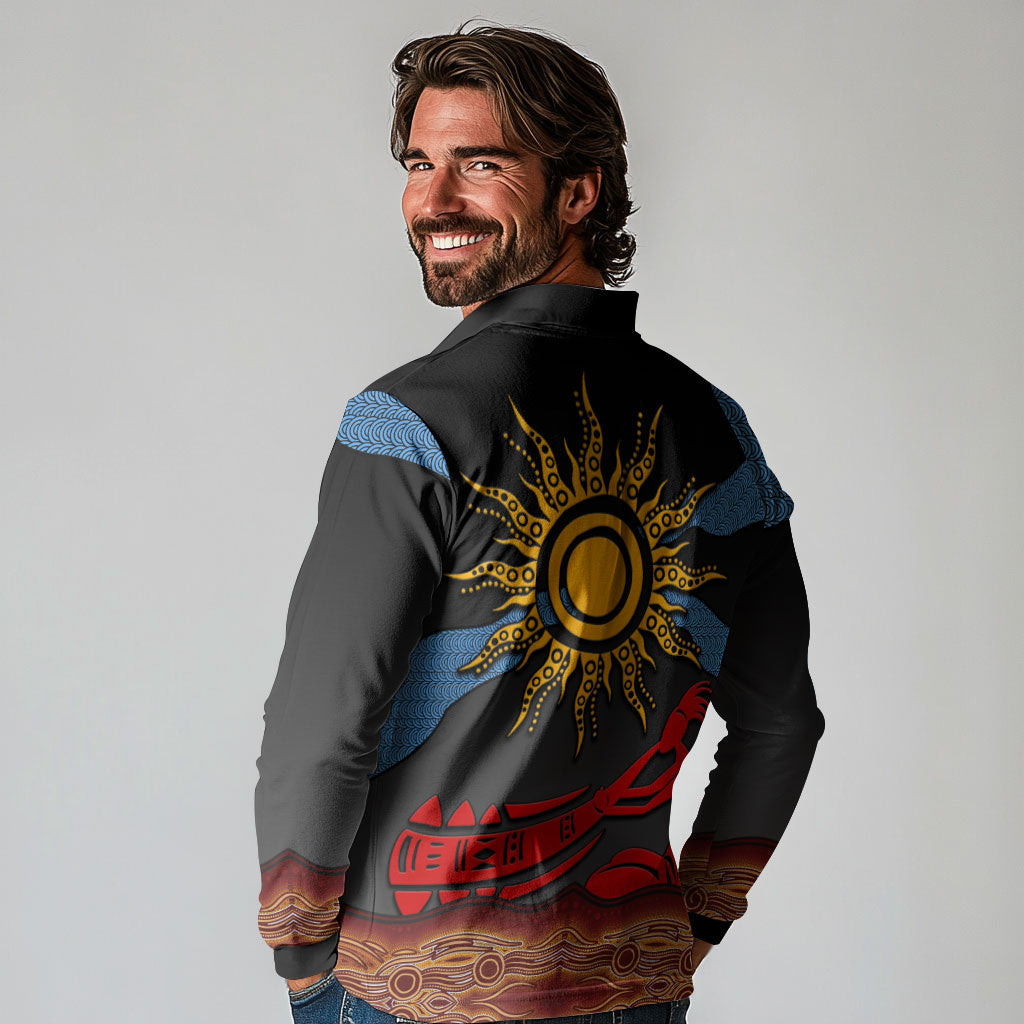 Didgeridoo Long Sleeve Polo Shirt Australian Aboriginal Sun Motif Indigenous Art