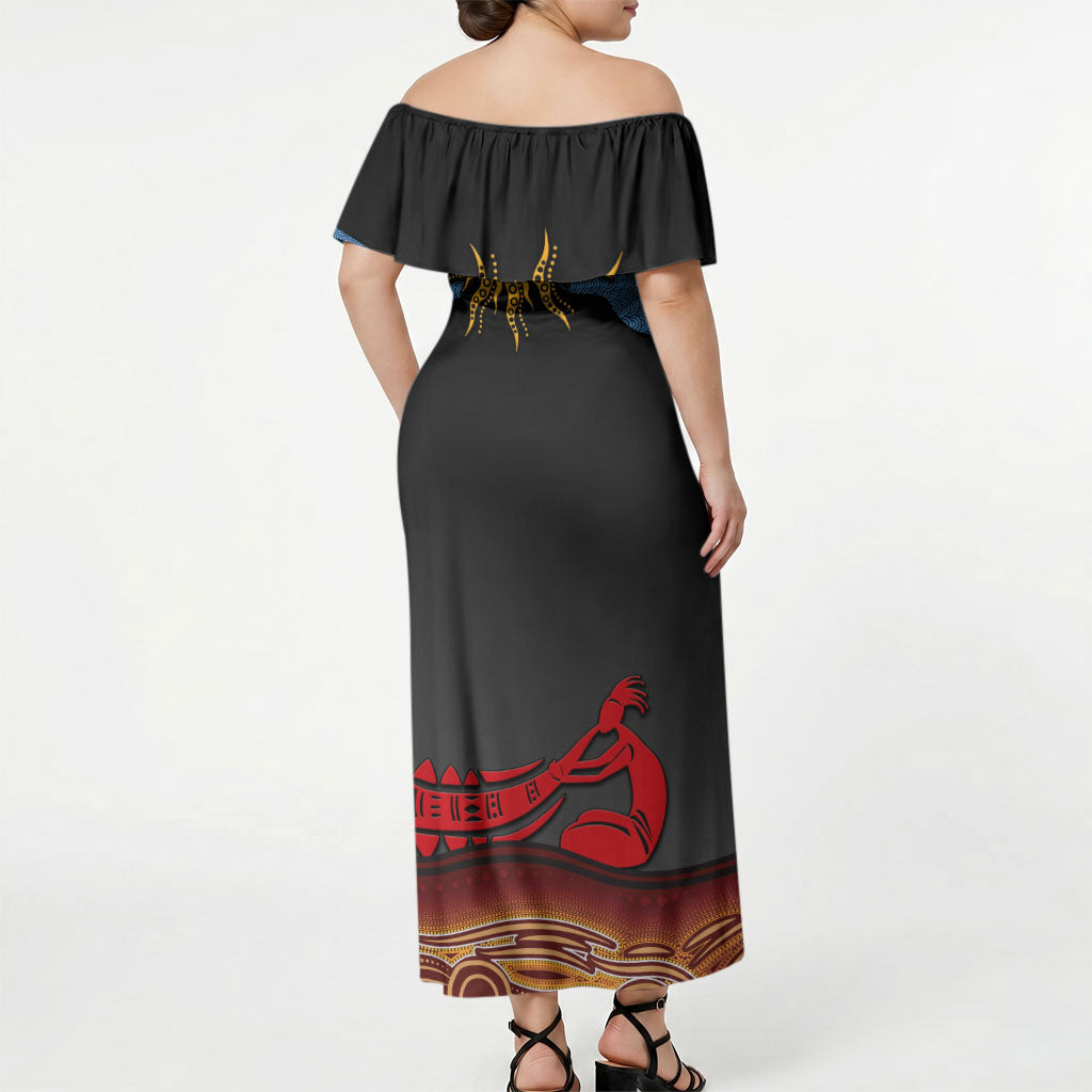 Didgeridoo Off Shoulder Maxi Dress Australian Aboriginal Sun Motif Indigenous Art