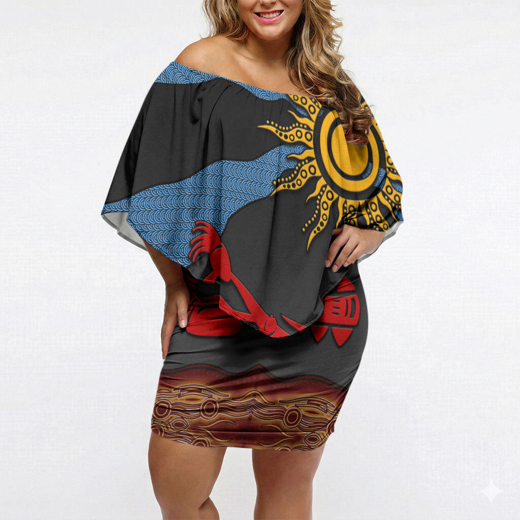 Didgeridoo Off Shoulder Short Dress Australian Aboriginal Sun Motif Indigenous Art