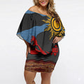 Didgeridoo Off Shoulder Short Dress Australian Aboriginal Sun Motif Indigenous Art
