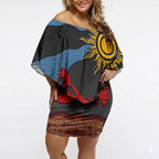 Didgeridoo Off Shoulder Short Dress Australian Aboriginal Sun Motif Indigenous Art