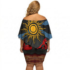 Didgeridoo Off Shoulder Short Dress Australian Aboriginal Sun Motif Indigenous Art