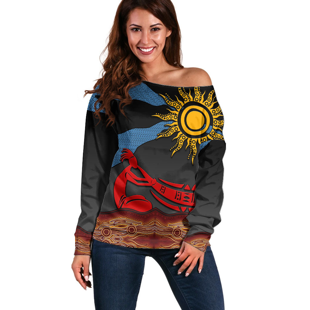 Didgeridoo Off Shoulder Sweater Australian Aboriginal Sun Motif Indigenous Art