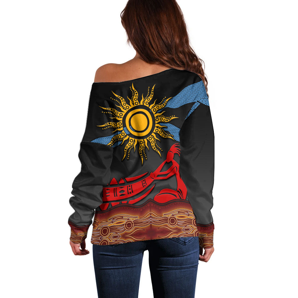Didgeridoo Off Shoulder Sweater Australian Aboriginal Sun Motif Indigenous Art