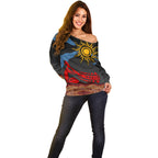 Didgeridoo Off Shoulder Sweater Australian Aboriginal Sun Motif Indigenous Art