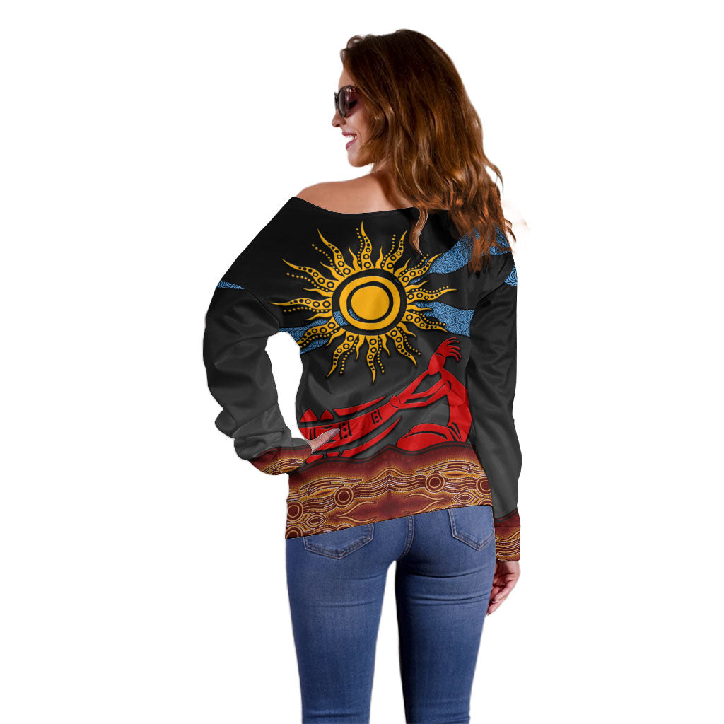 Didgeridoo Off Shoulder Sweater Australian Aboriginal Sun Motif Indigenous Art