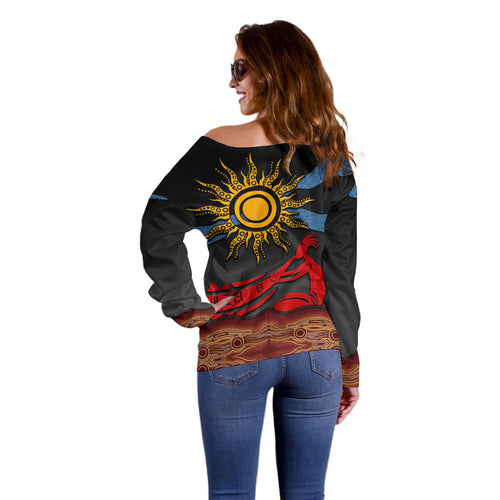 Didgeridoo Off Shoulder Sweater Australian Aboriginal Sun Motif Indigenous Art