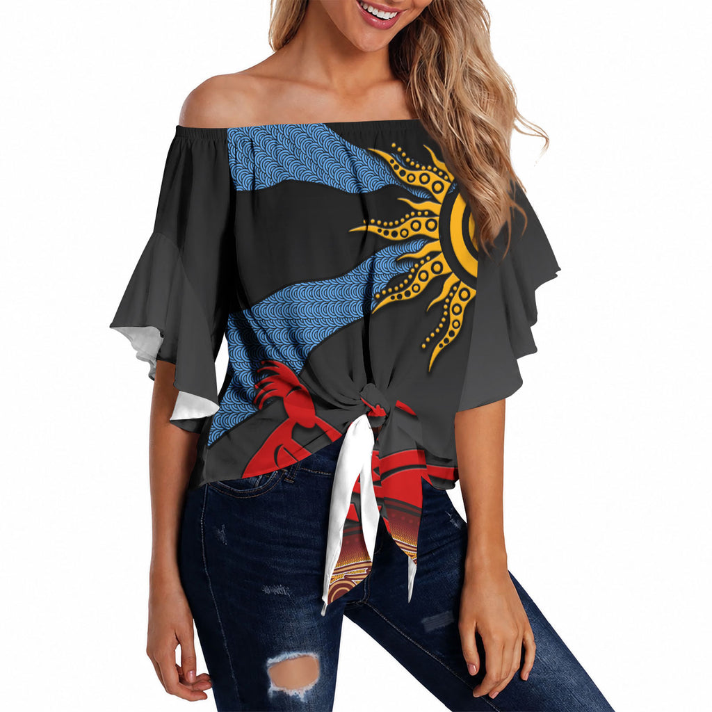 Didgeridoo Off Shoulder Wrap Waist Top Australian Aboriginal Sun Motif Indigenous Art