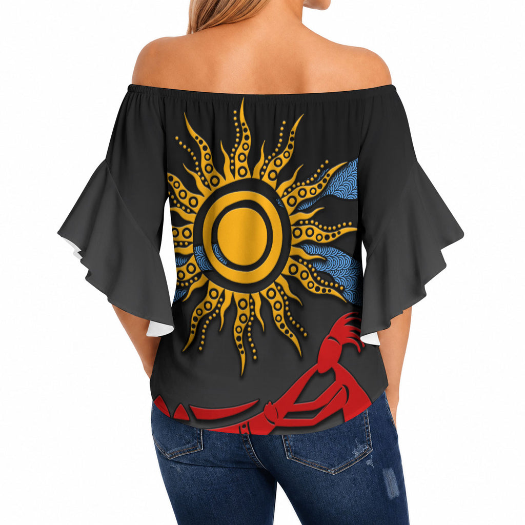 Didgeridoo Off Shoulder Wrap Waist Top Australian Aboriginal Sun Motif Indigenous Art