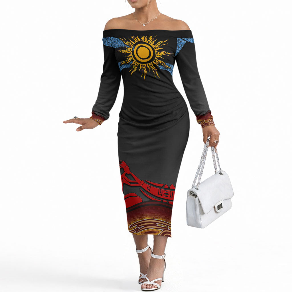 Didgeridoo Off The Shoulder Long Sleeve Dress Australian Aboriginal Sun Motif Indigenous Art