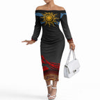 Didgeridoo Off The Shoulder Long Sleeve Dress Australian Aboriginal Sun Motif Indigenous Art