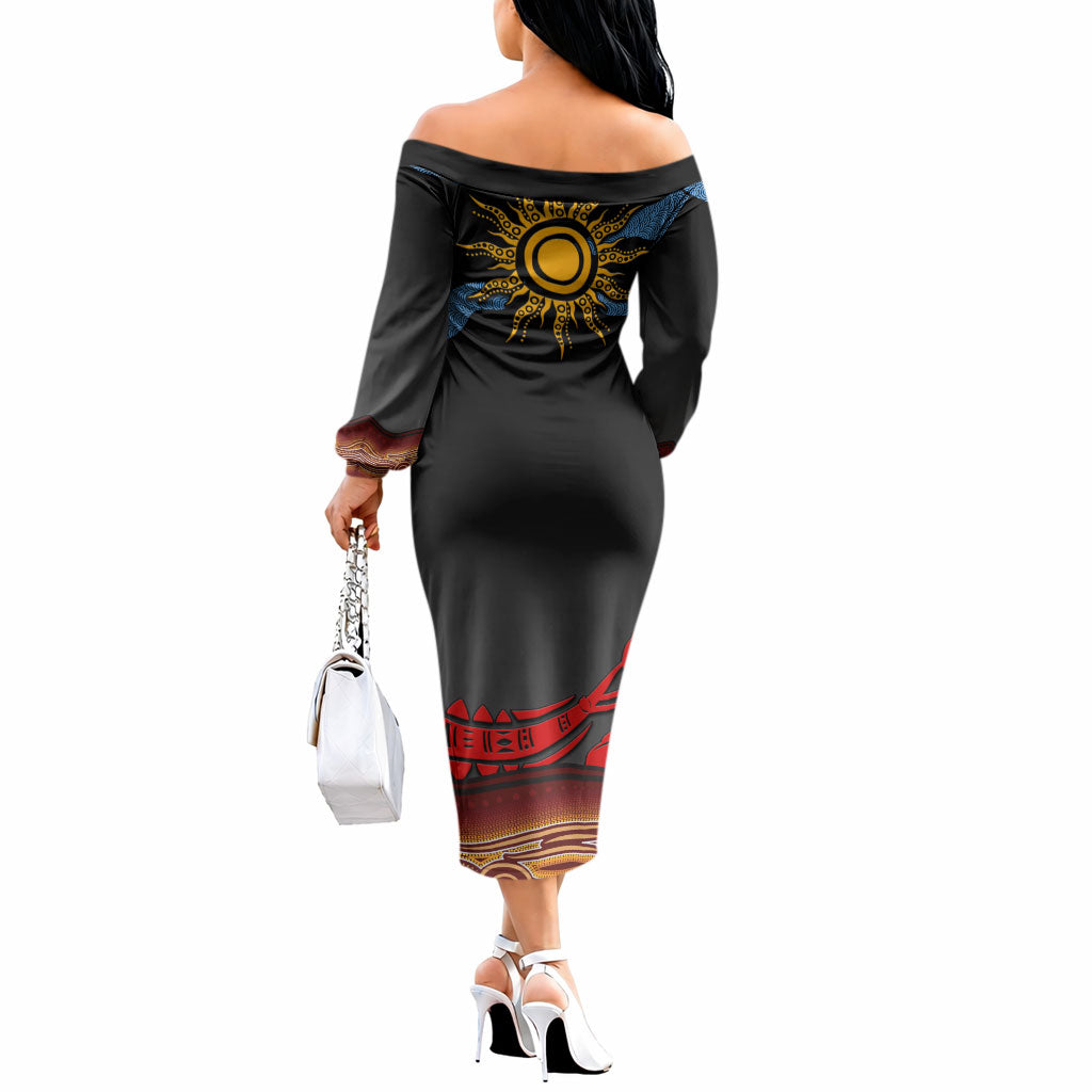 Didgeridoo Off The Shoulder Long Sleeve Dress Australian Aboriginal Sun Motif Indigenous Art