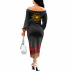 Didgeridoo Off The Shoulder Long Sleeve Dress Australian Aboriginal Sun Motif Indigenous Art