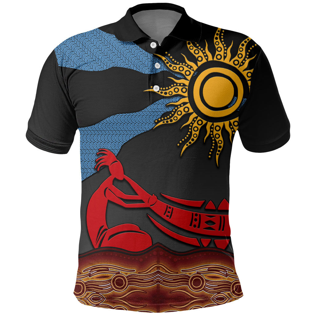 Didgeridoo Polo Shirt Australian Aboriginal Sun Motif Indigenous Art