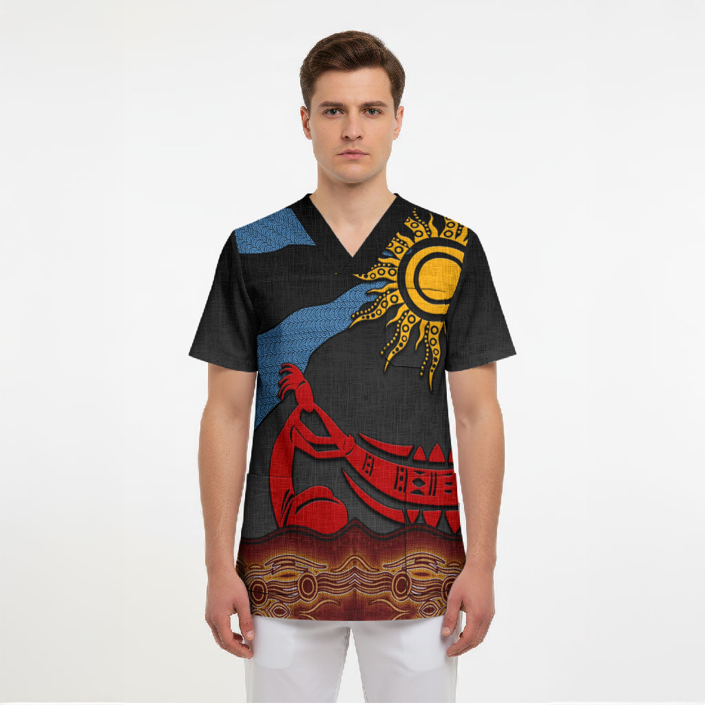 Didgeridoo Scrub Top Australian Aboriginal Sun Motif Indigenous Art